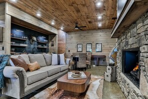 Smart TV, fireplace, books