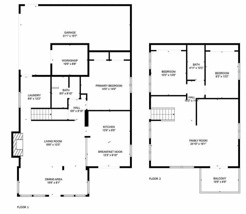 Ein Grundriss mit Wohnzimmer, Essbereich, Küche und einem Balkon.