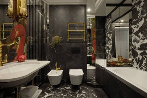 Hair dryer, towels, soap, shampoo