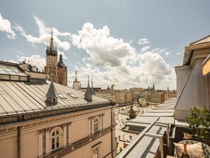 A high vantage point view of a cityscape with historical buildings, a prominent church tower, and a statue on a rooftop.