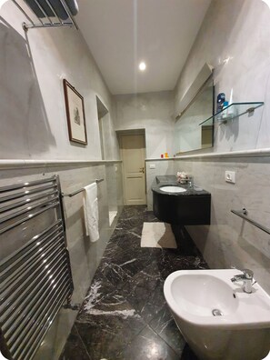 Hair dryer, bidet, towels, soap