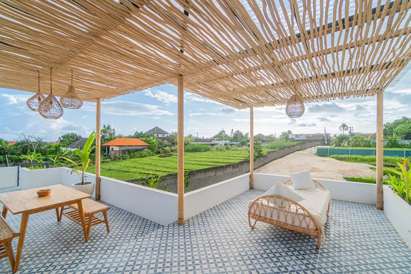 A covered outdoor area with a table and chairs, a view of a green field, and a clear sky.