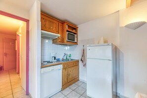Une cuisine compacte dotée de meubles en bois, d’un four à micro-ondes, d’un réfrigérateur et d’un lave-vaisselle.