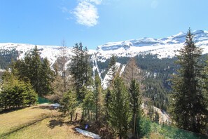 A mountainous landscape with snow-covered peaks and a forested area in the foreground. - Sunny South-facing apartment with cabin bedroom (Flaine)
