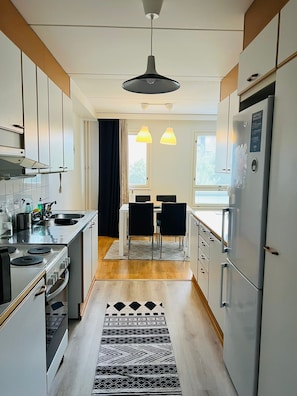 Appartamento Classic, vista città | Cucina privata | Frigorifero con congelatore, microonde, forno, piano cottura