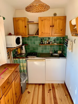 Fridge, microwave, stovetop, coffee/tea maker