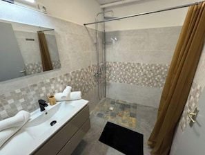 Shower, hair dryer, bidet, towels