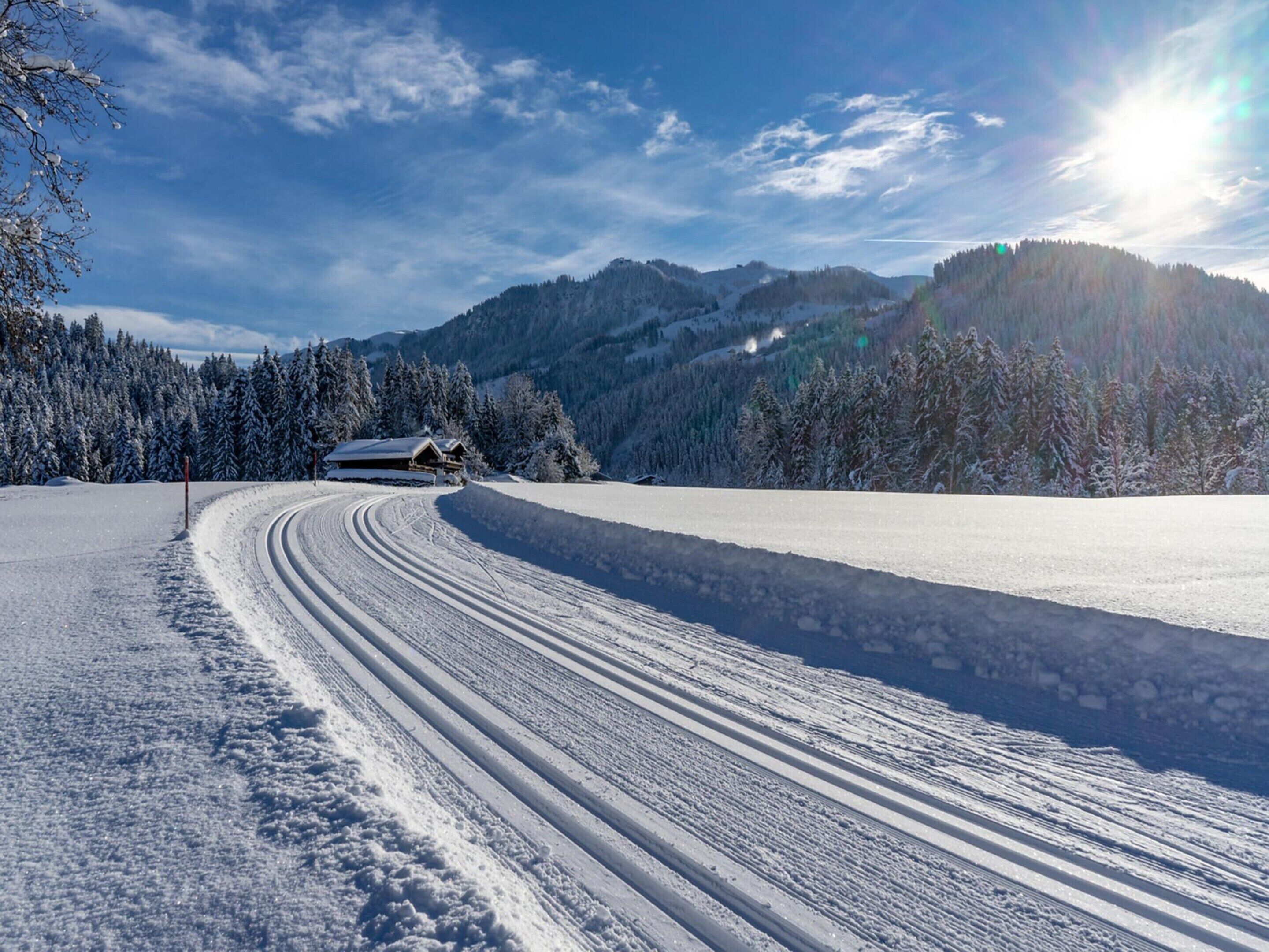 A snow-covered landscape with a cabin and a clear sky.