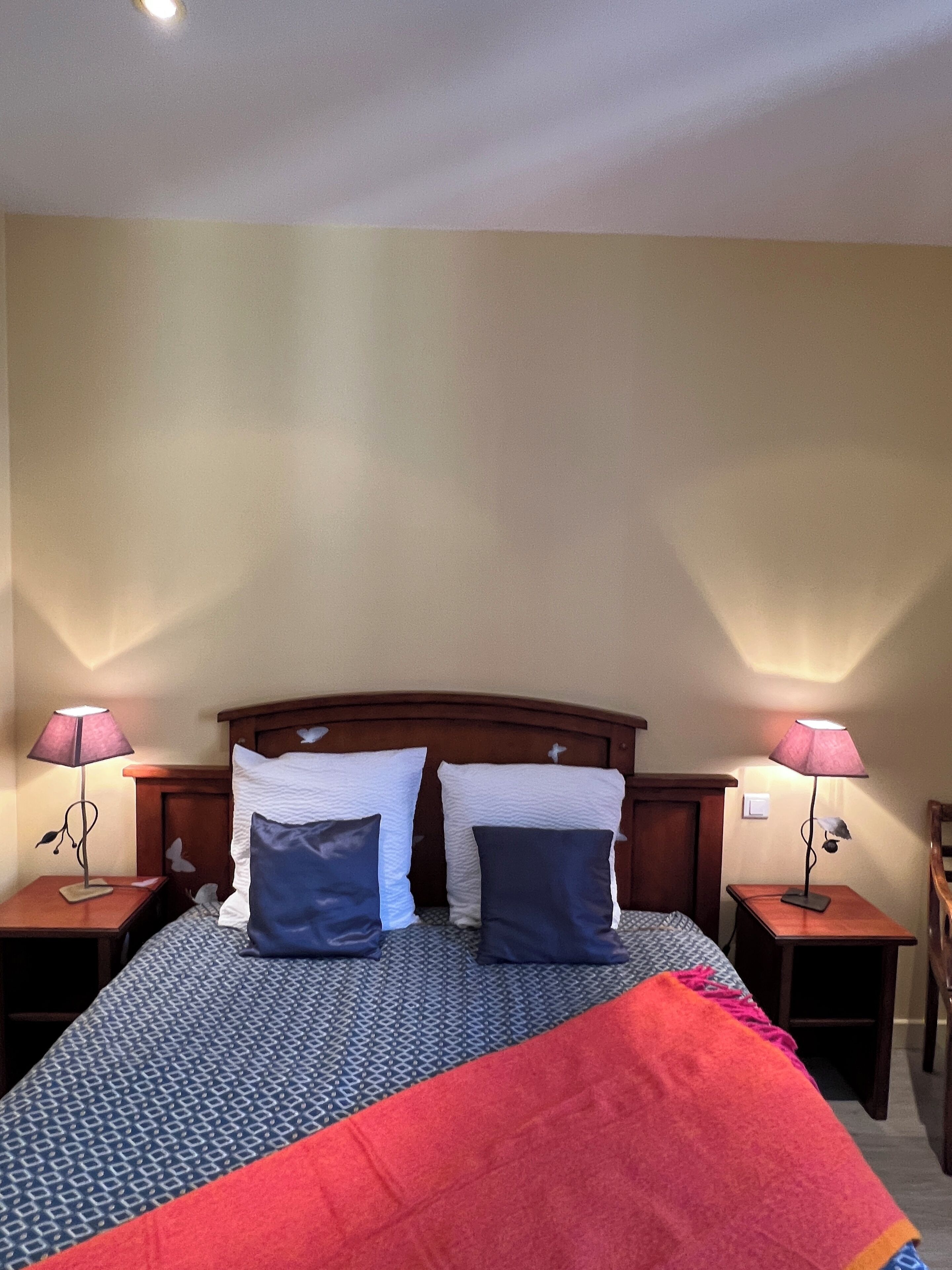 Una habitación de hotel con una cama, dos mesitas de noche, dos lámparas y un cabecero de madera.