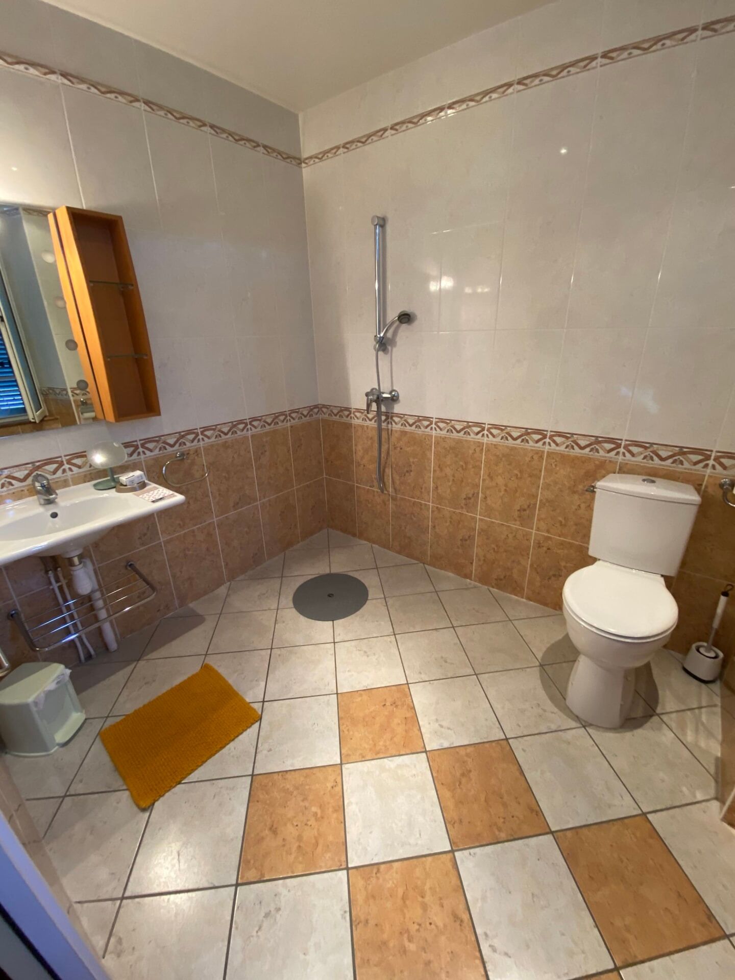 Une salle de bain équipée d’une douche, de toilettes, d’un lavabo et d’un miroir.