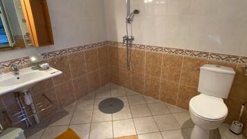 Une salle de bain équipée d’une douche, de toilettes, d’un lavabo et d’un miroir.
