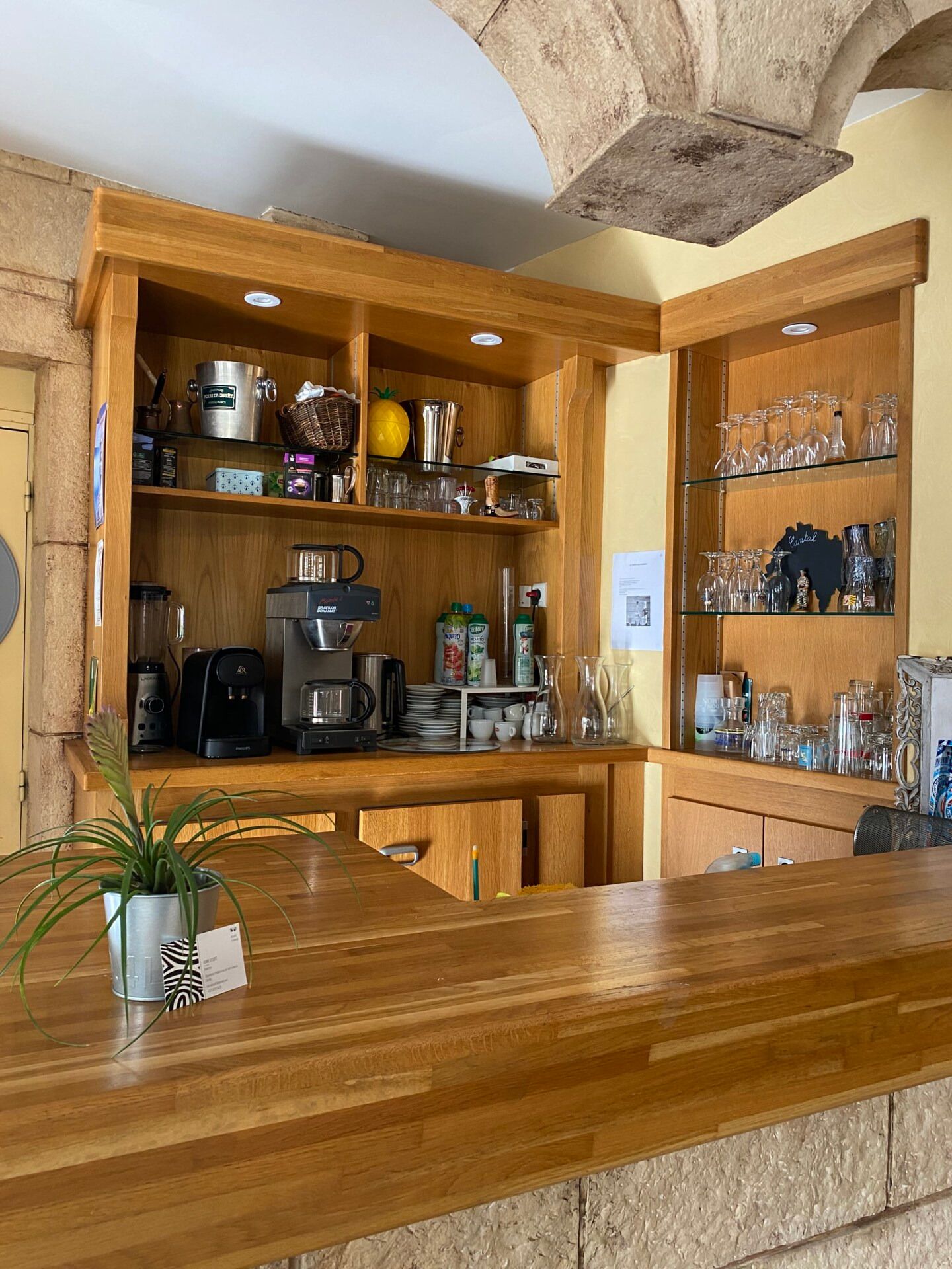 A wooden bar area with shelves holding kitchenware, a coffee machine, and a potted plant.