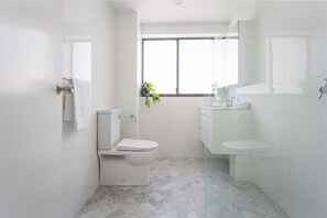 A modern bathroom with a toilet, sink, and mirror. - Unit With Balcony, Backyard and Parking Near Shops (Sydney)