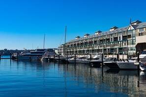 Ein Yachthafen mit mehreren angedockten Booten, ein Gebäude mit mehreren Balkonen und einem strahlend blauen Himmel.