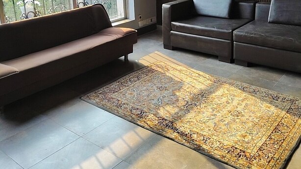 Una sala moderna con un sofá, un sofá más pequeño y una alfombra estampada.