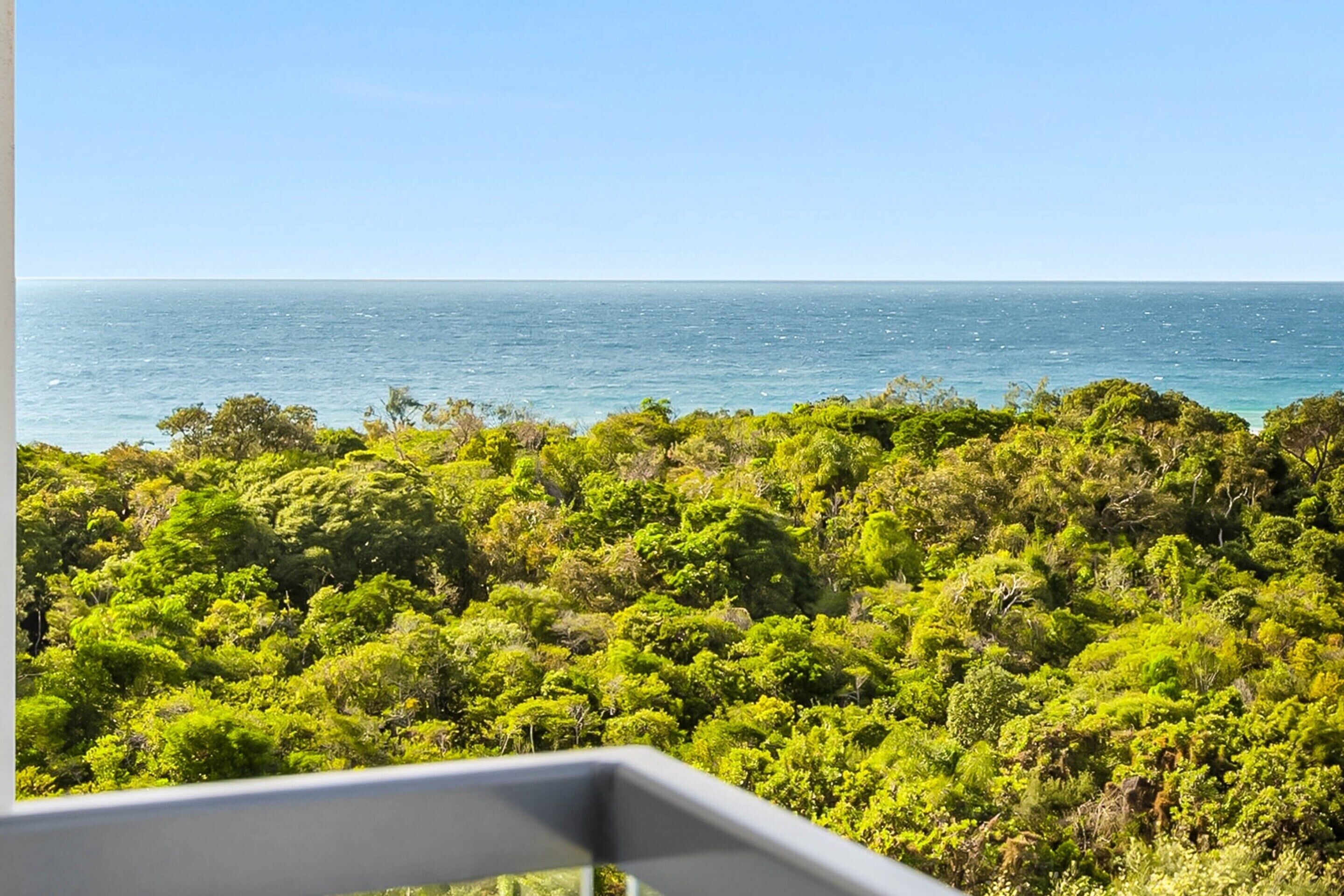 A lush green landscape with a view of the ocean.