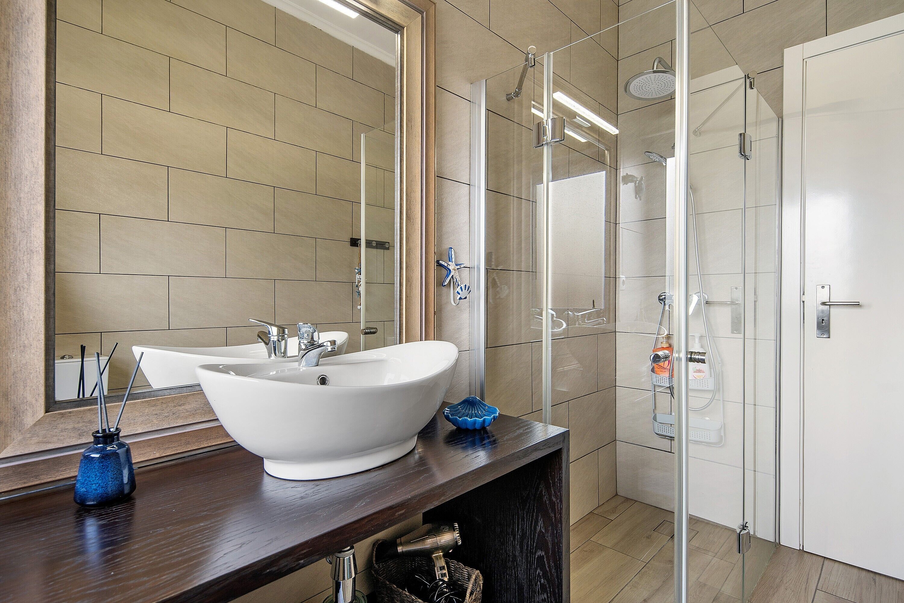 Shower, hair dryer, towels