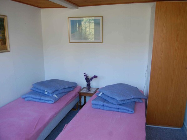 A small room with two single beds, a wooden door, a framed picture on the wall, and a small table with a vase. - 4 Star Holiday Home in Allinge (Allinge)