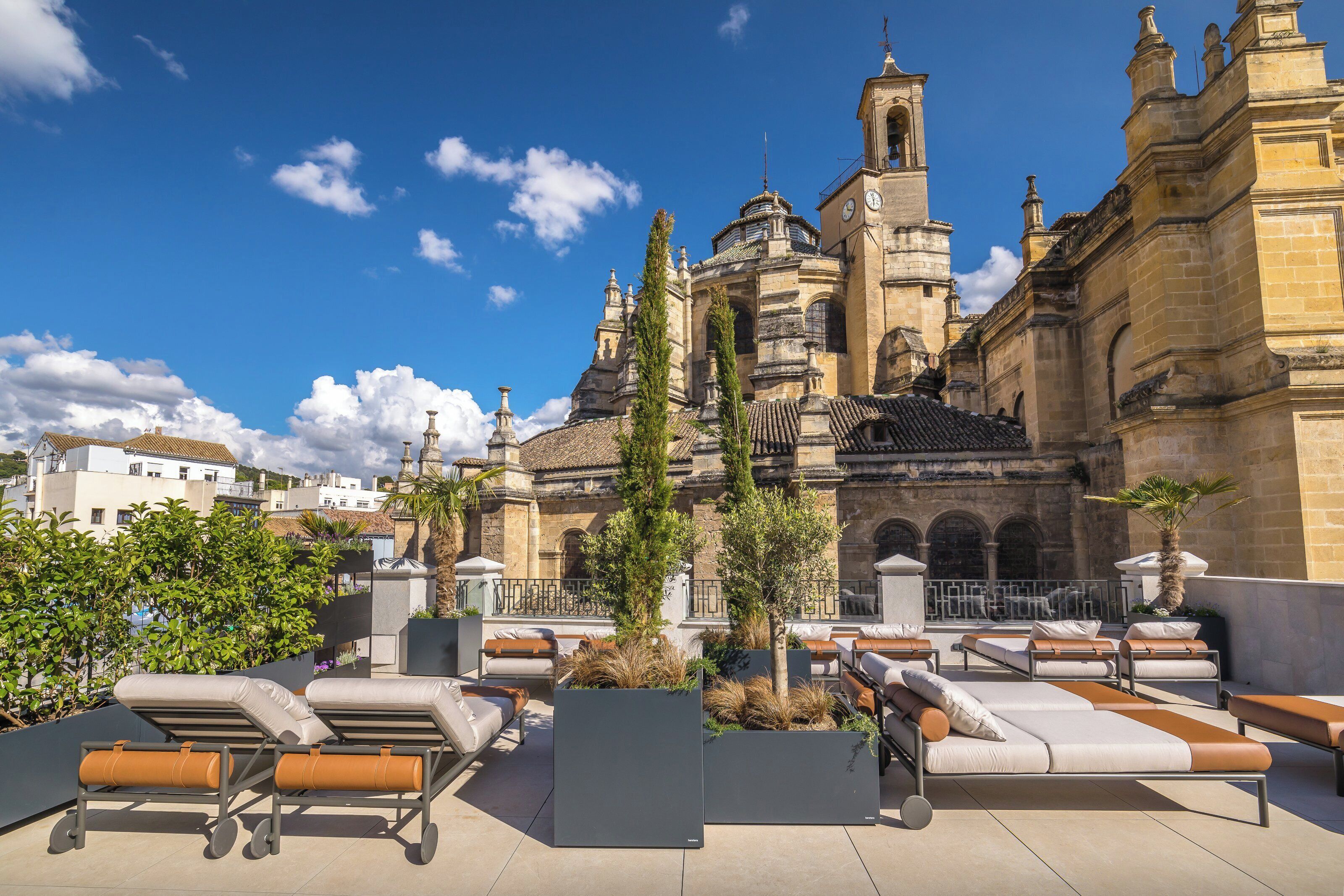A rooftop lounge with sun loungers, a view of a historic building with a clock tower, and a clear blue sky.