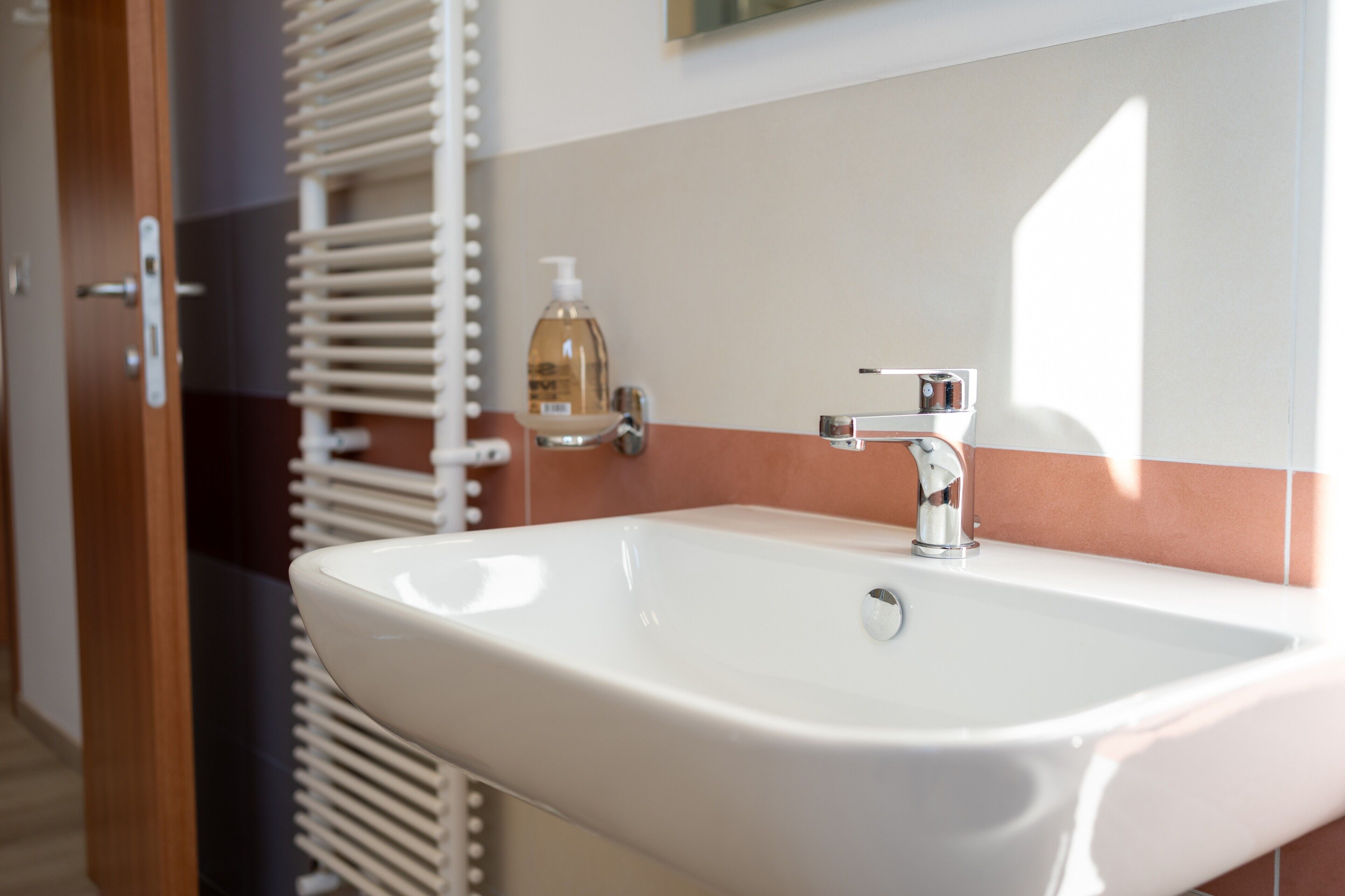 A bathroom with a white sink, chrome faucet, and a bottle of hand soap on the counter.