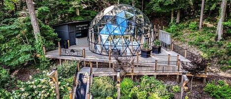 A geodesic dome structure with a wooden deck and surrounding greenery.