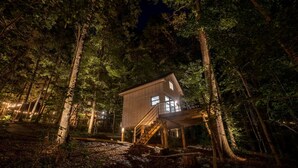 A cabin in a forest with a wooden staircase leading to a windowed entrance.