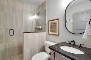 Hair dryer, towels, soap, shampoo