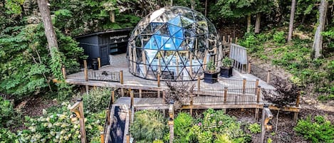 A geodesic dome structure with a wooden deck and surrounding greenery.