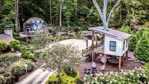 A treehouse with a deck, surrounded by a garden and a dome structure.