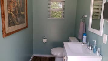 Hair dryer, towels, soap, shampoo