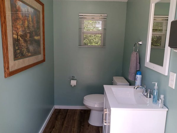 A bathroom with a toilet, sink, and window blinds.