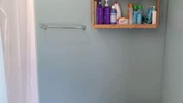 Hair dryer, towels, soap, shampoo