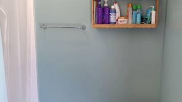 Hair dryer, towels, soap, shampoo