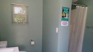 Ein Badezimmer mit Toilette, Duschvorhang und einem Poster an der Wand.