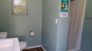 Hair dryer, towels, soap, shampoo