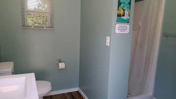 Hair dryer, towels, soap, shampoo
