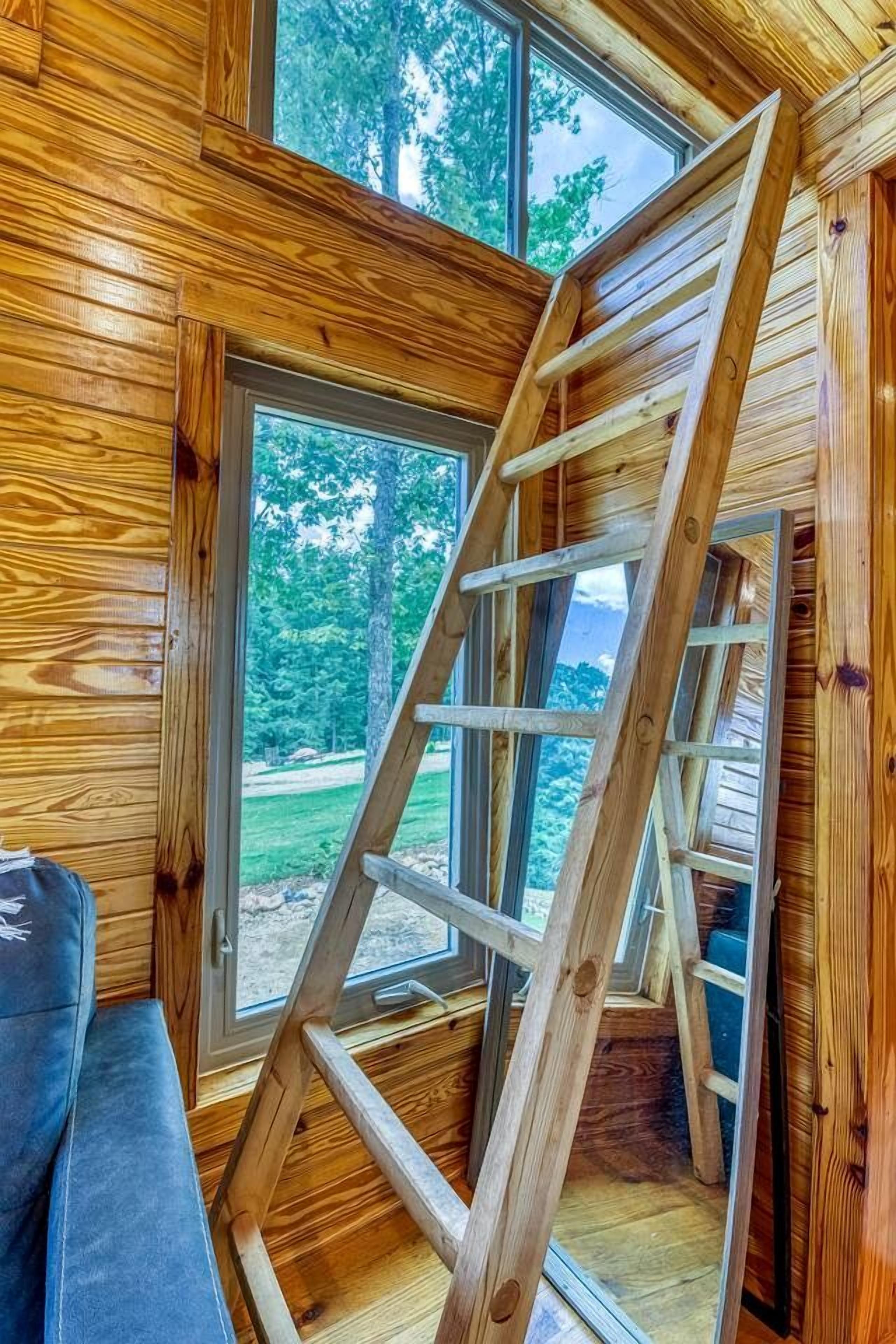 A wooden interior with a ladder leading to a window, a bench, and a door.