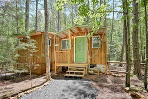 A wooden cabin with a green door, surrounded by trees.