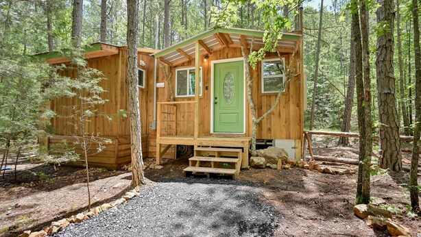 Uma cabana de madeira com porta verde, rodeada por árvores.