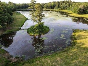 Joki, jossa on pieni saari, ja sen ympärillä on puita sekä ruohoisia rantapenkereitä.