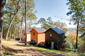 Una cabaña con techo de metal, rodeada de árboles, y un sendero de tierra que la lleva.