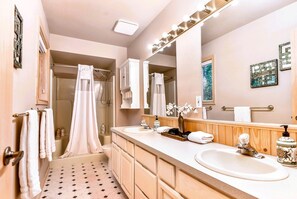 Hair dryer, towels, soap, shampoo