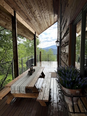 A wooden deck with a bench and potted plants, overlooking a mountainous landscape.