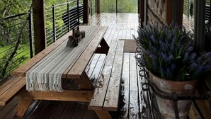 Une terrasse en bois avec un banc et des plantes en pot, offrant une vue sur un paysage montagneux.