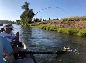 A boat on a river with people fishing.