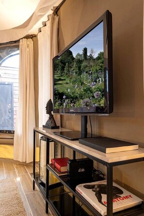 Un salon moderne avec un téléviseur fixé au mur, un buste décoratif et une bibliothèque contenant des livres et une petite enceinte.