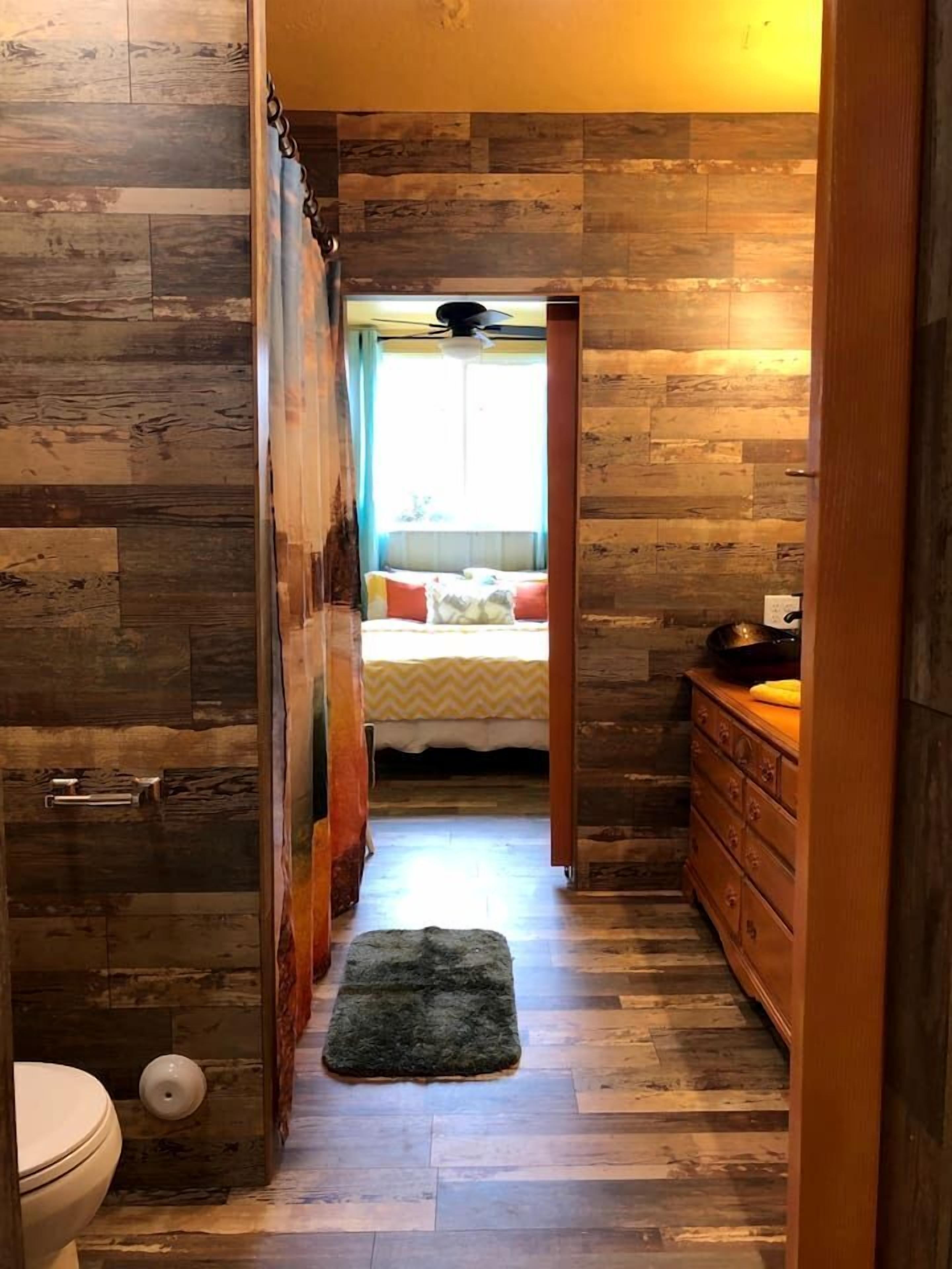 Jetted bath, hair dryer, soap, shampoo