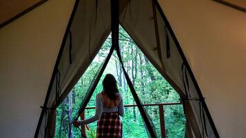 A person inside a tent with a view of a forest.