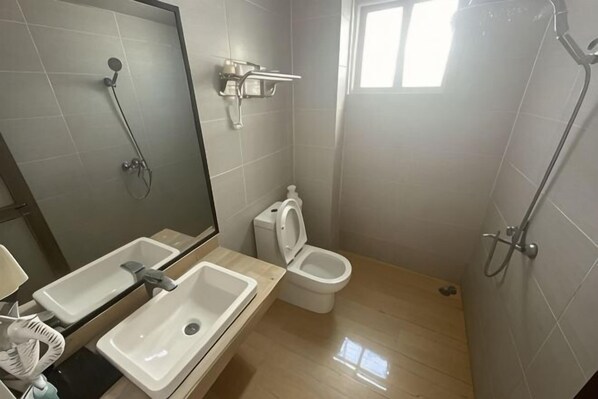 A bathroom with a sink, toilet, bidet, and shower.