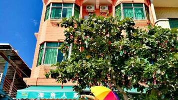 Un edificio con toldo verde y un árbol en primer plano.